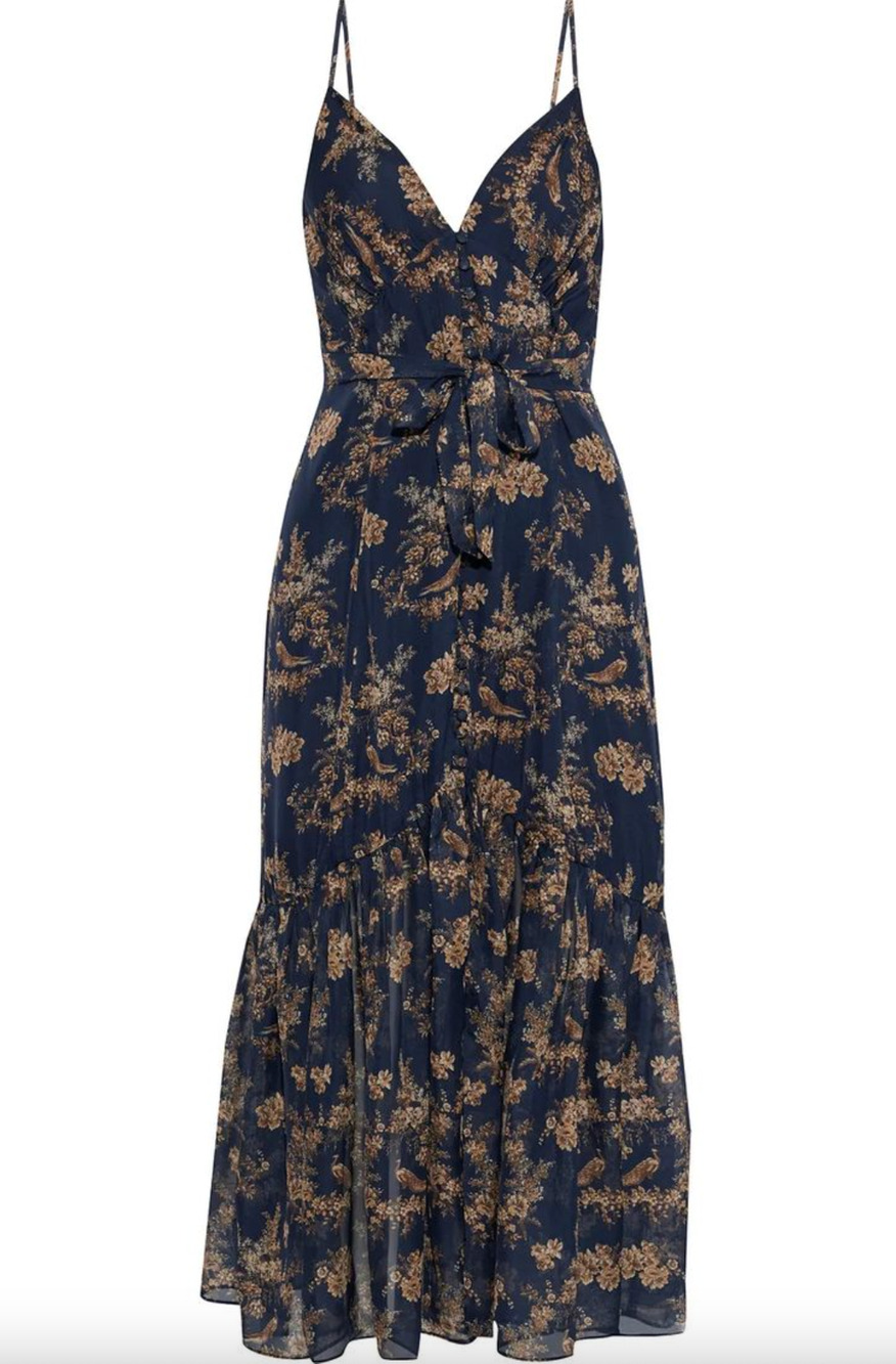 CAMI NYC The Laurel 100% Silk Chiffon Midi Slip Dress Belted Floral Bird Print M